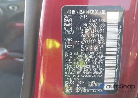 2013 Nissan Juke Sv из США, поврежденный, VIN JN8AF5MV6DT231273